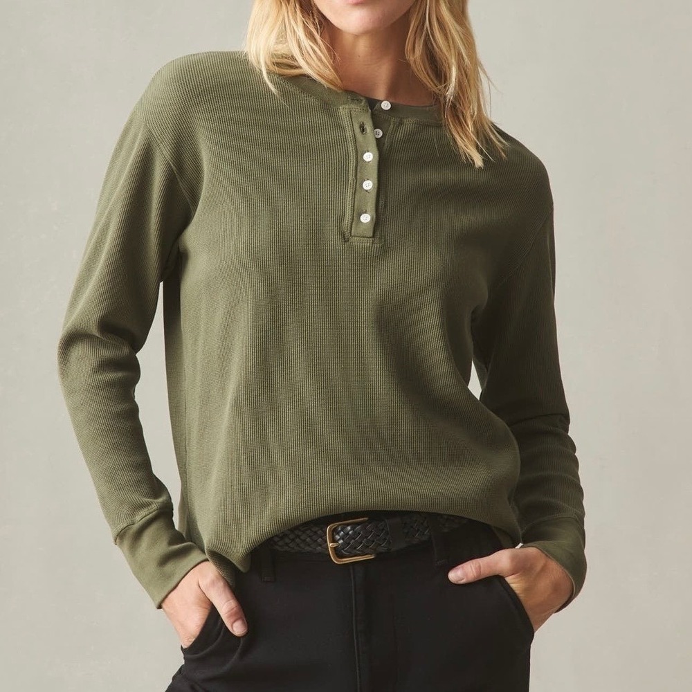 NWOT American Giant Women's Olive Green Thermal Henley Shirt Top Made in USA S